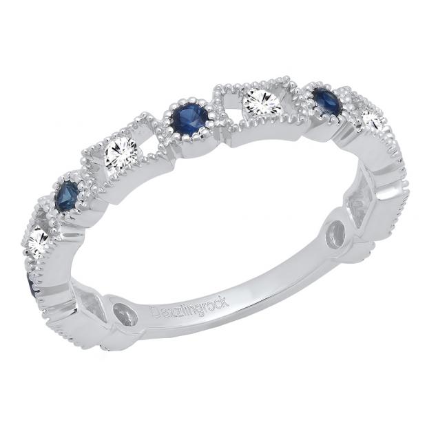 10K White Gold Round Blue Sapphire & White Diamond Ladies Vintage Style Stackable Wedding Band Ring