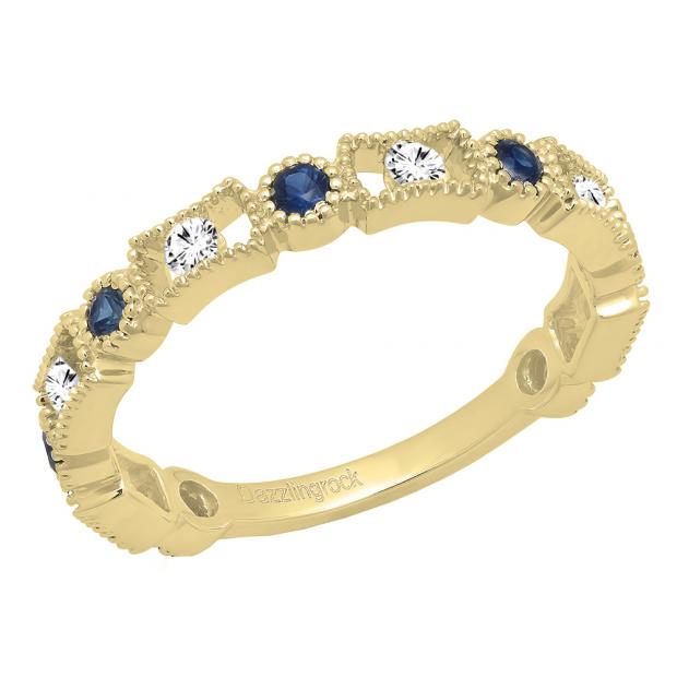 10K Yellow Gold Round Blue Sapphire & White Diamond Ladies Vintage Style Stackable Wedding Band Ring