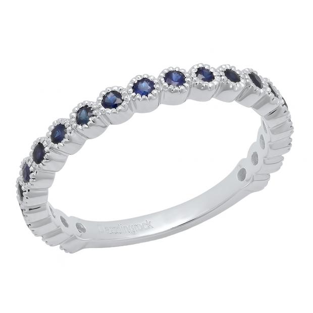 14K White Gold Round Blue Sapphire Stackable Wedding Eternity Band Ring