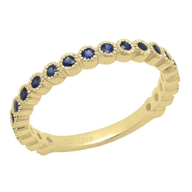 14K Yellow Gold Round Blue Sapphire Stackable Wedding Eternity Band Ring