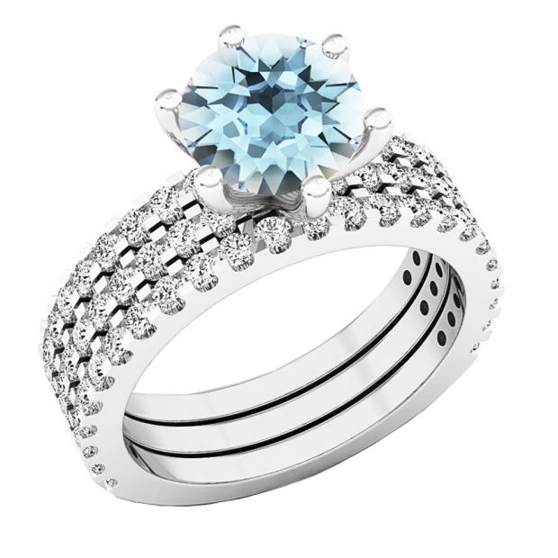 18K White Gold 7 MM Round Aquamarine & Diamond Bridal Engagement Ring With Double Band Set