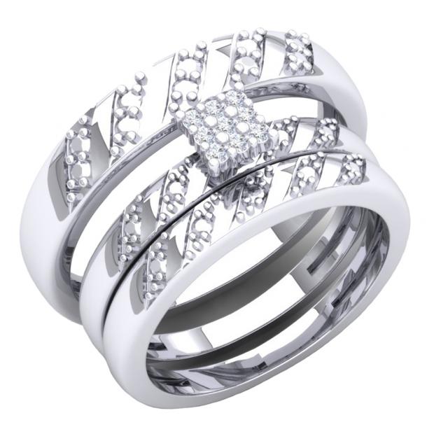 0.08 Carat (ctw) 10K White Gold Round Diamond Ladies & Mens Engagement Ring Trio Set Band