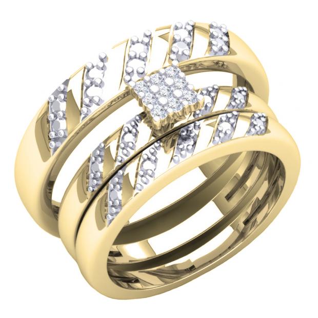 0.08 Carat (ctw) 10K Yellow Gold Round Diamond Ladies & Mens Engagement Ring Trio Set Band