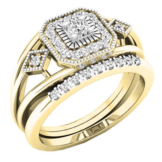 0.35 Carat (ctw) 10K Yellow Gold Round White Diamond Bridal Halo Engagement Ring Set