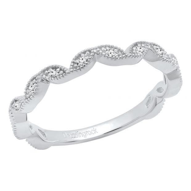 0.10 Carat (ctw) 10K White Gold Round White Diamond Ladies Wedding Stackable Band 1/10 CT