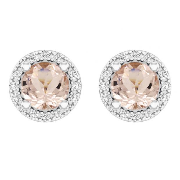 Sterling Silver 6 MM Each Round Morganite & White Cubic Zirconia Ladies Halo Style Stud Earrings
