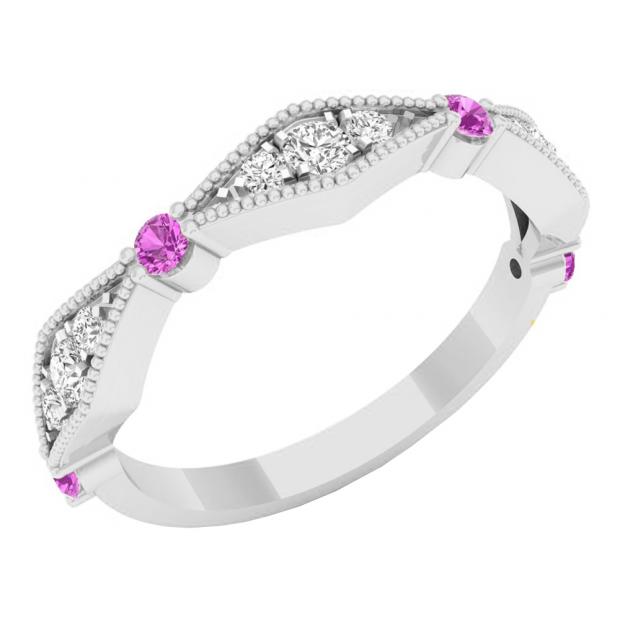 10K White Gold Round Pink Sapphire & White Diamond Ladies Vintage Style Stackable Wedding Band Ring