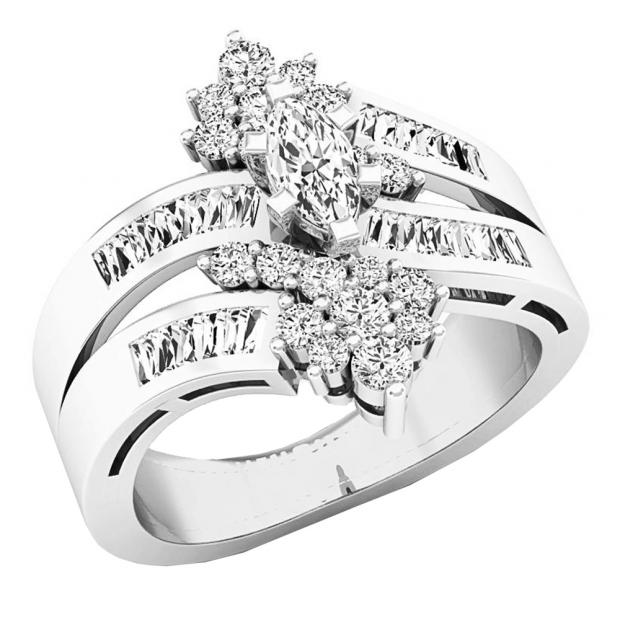 1.00 Carat (ctw) 14K White Gold MarquiseBaguette & Round Diamonds Fashion Right Hand Ring 1 CT