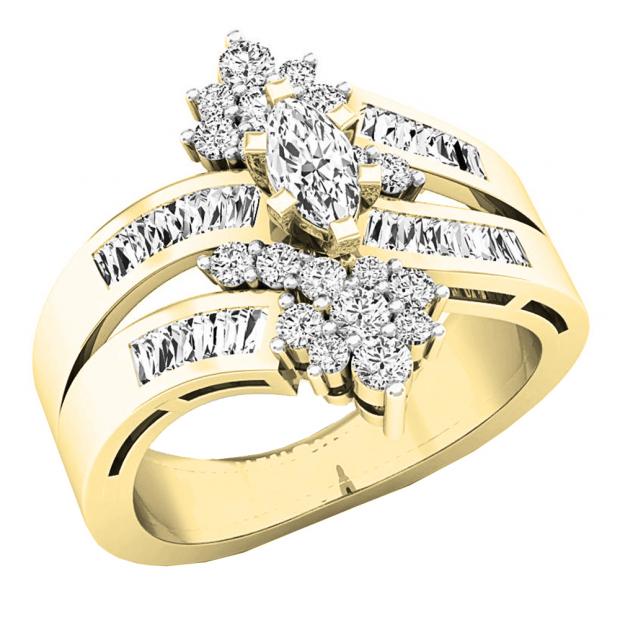 1.00 Carat (ctw) 14K Yellow Gold MarquiseBaguette & Round Diamonds Fashion Right Hand Ring 1 CT
