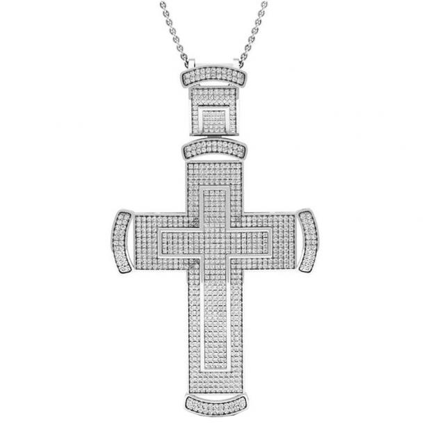 1.60 Carat (ctw) Sterling Silver Round Diamond Mens Hip Hop Religious Cross Pendant 1 1/2 CT