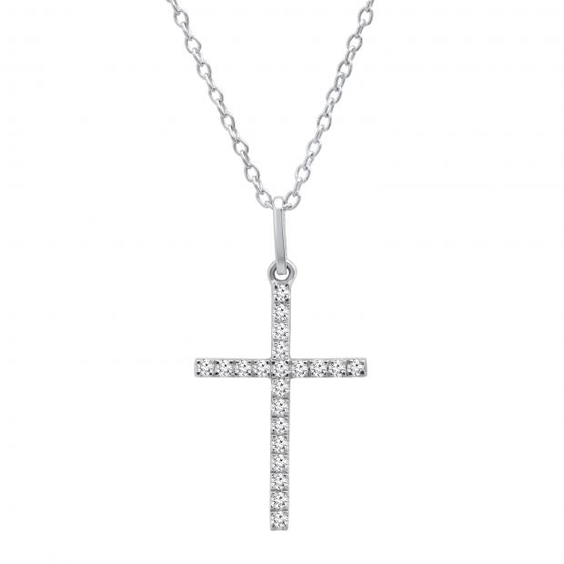0.06 Carat (ctw) 10K White Gold Round Diamond Ladies Cross Pendant (Silver Chain Included)