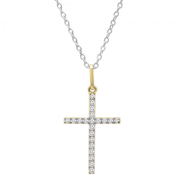 0.06 Carat (ctw) 10K Yellow Gold Round Diamond Ladies Cross Pendant (Silver Chain Included)