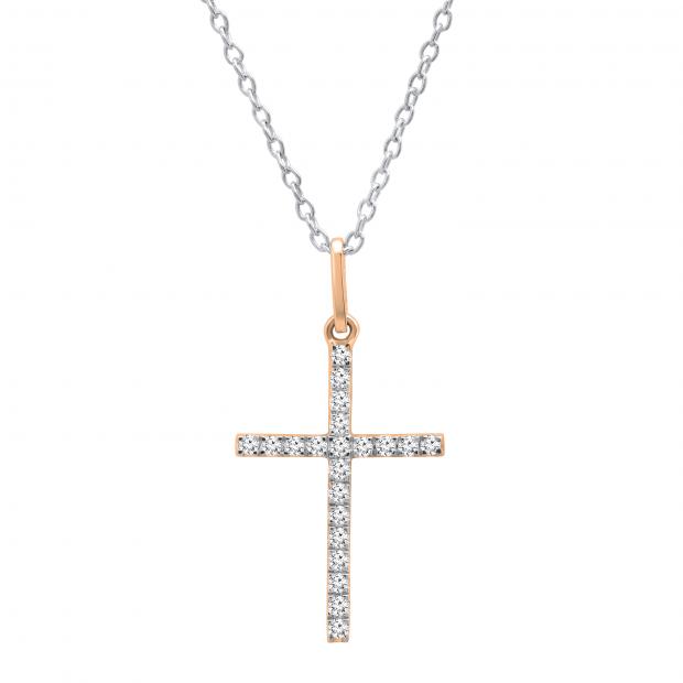 0.06 Carat (ctw) 14K Rose Gold Round Diamond Ladies Cross Pendant (Silver Chain Included)
