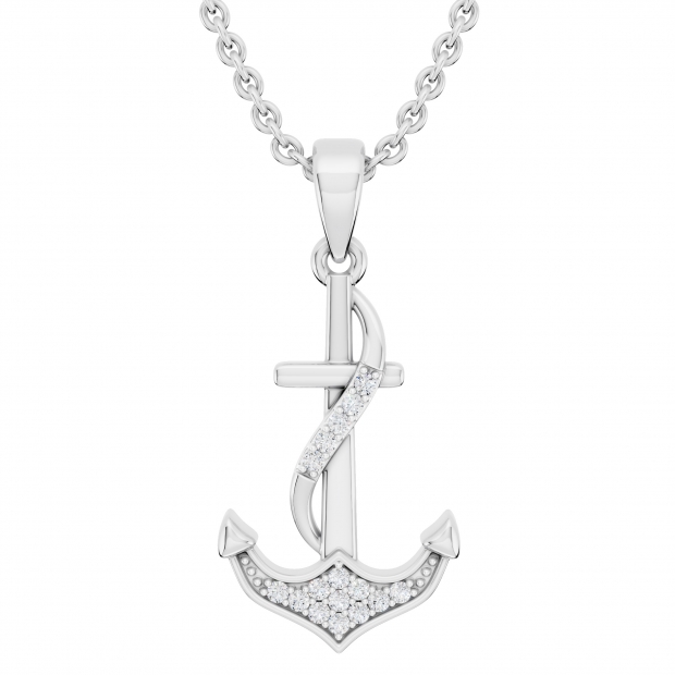 0.10 Carat (ctw) Sterling Silver Round Diamond Ladies Anchor Pendant 1/10 CT (Silver Chain Included)