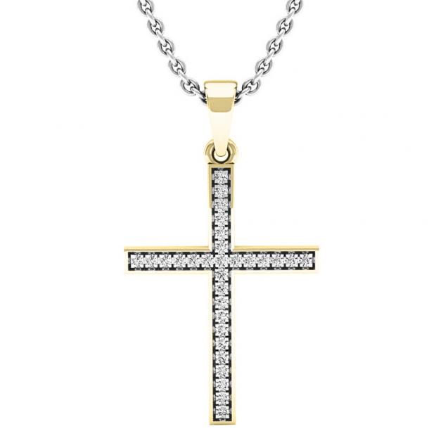 0.10 Carat (ctw) 10K Yellow Gold Round Diamond Ladies Cross Pendant 1/10 CT (Silver Chain Included)