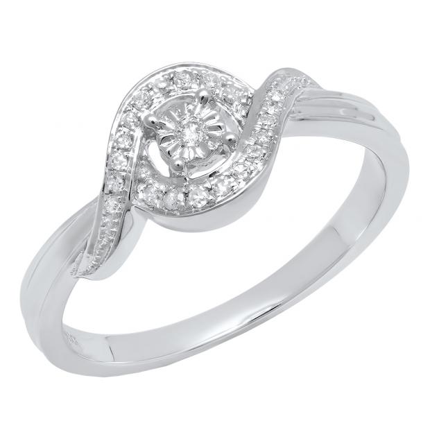 0.10 Carat (ctw) 10K White Gold Round White Diamond Ladies Swirl Promise Engagement Ring 1/10 CT