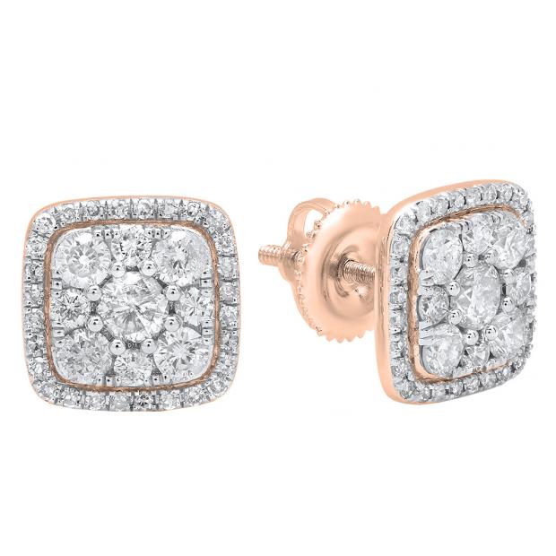 1.00 Carat (ctw) 10K Rose Gold Round White Diamond Ladies Cluster Style Stud Earrings 1 CT
