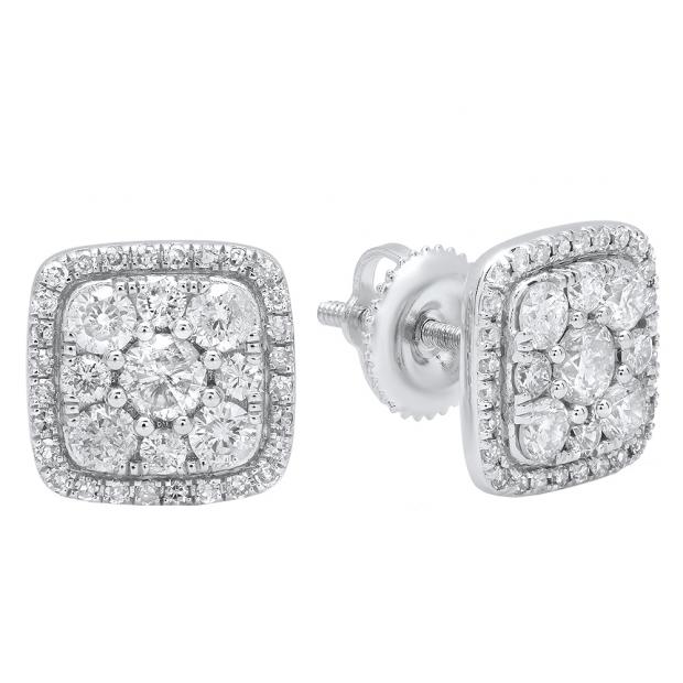 1.00 Carat (ctw) 10K White Gold Round White Diamond Ladies Cluster Style Stud Earrings 1 CT