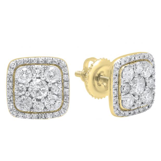 1.00 Carat (ctw) 18K Yellow Gold Round White Diamond Ladies Cluster Style Stud Earrings 1 CT