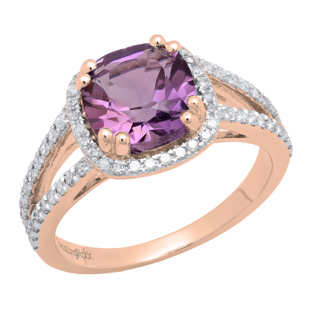 10K Rose Gold 8 MM Cushion Amethyst & Round Diamond Ladies Halo Split Shank Engagement Ring