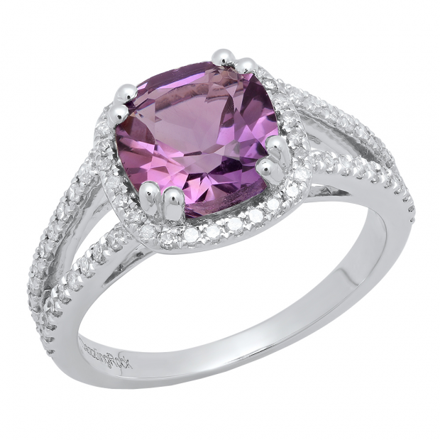 10K White Gold 8 MM Cushion Amethyst & Round Diamond Ladies Halo Split Shank Engagement Ring