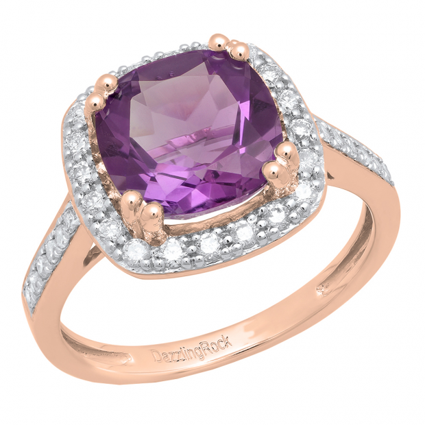 14K Rose Gold 9X9 MM Cushion Amethyst & Round White Diamond Bridal Halo Engagement Ring