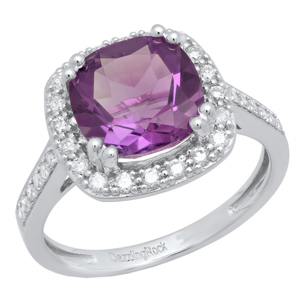 14K White Gold 9X9 MM Cushion Amethyst & Round White Diamond Bridal Halo Engagement Ring