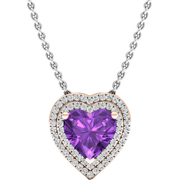 18K Rose Gold 8 MM Heart Amethyst & Round Diamond Heart Double Halo Pendant
