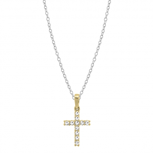 0.15 Carat (ctw) 14K Yellow Gold Round Diamond Ladies Cross Pendant (Silver Chain Included)