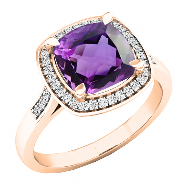 14K Rose Gold 8 MM Cushion Amethyst & Round White Diamond Ladies Bridal Halo Engagement Ring