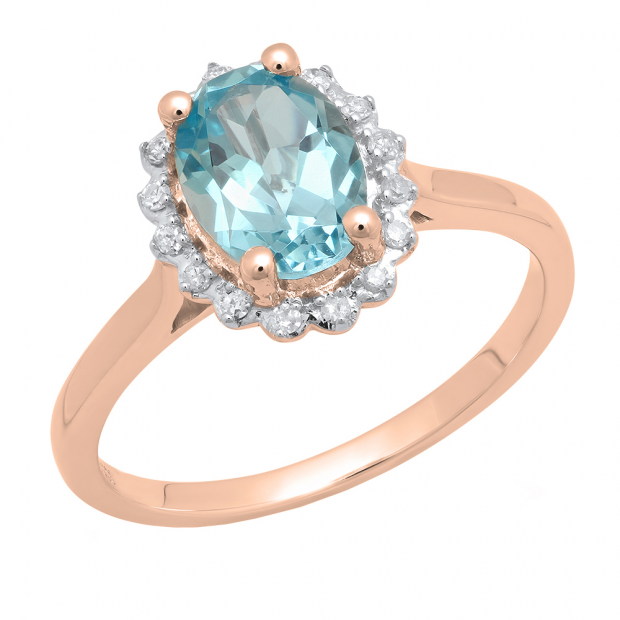 10K Rose Gold 8X6 MM Oval Blue Topaz & Round White Diamond Bridal Engagement Ring