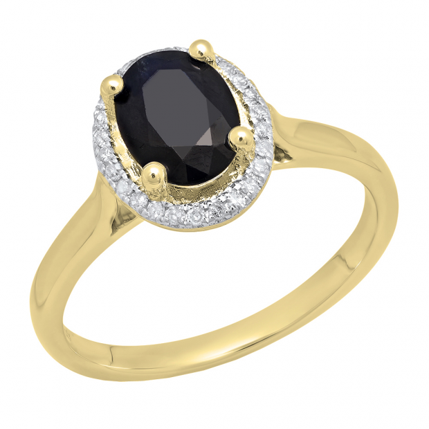 10K Yellow Gold 8X6 MM Oval Blue Sapphire & Round White Diamond Ladies Bridal Halo Engagement Ring