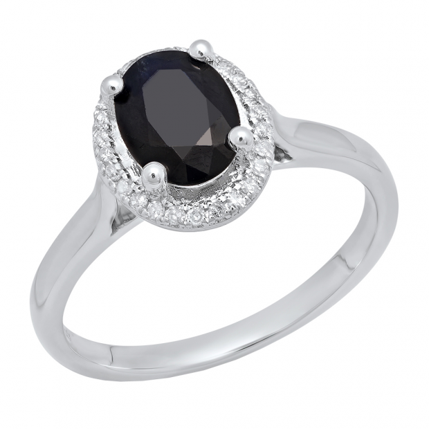 14K White Gold 8X6 MM Oval Blue Sapphire & Round White Diamond Ladies Bridal Halo Engagement Ring