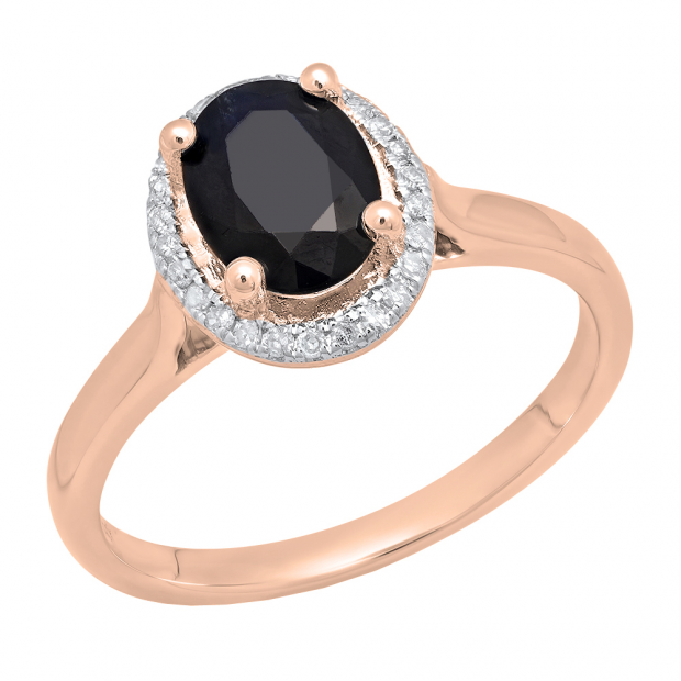 18K Rose Gold 8X6 MM Oval Blue Sapphire & Round White Diamond Ladies Bridal Halo Engagement Ring