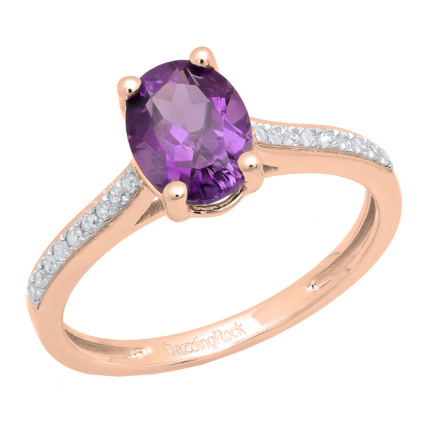 10K Rose Gold 8X6 MM Oval Amethyst & Round White Diamond Ladies Bridal Halo Engagement Ring