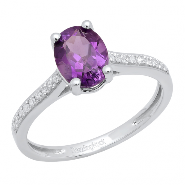 10K White Gold 8X6 MM Oval Amethyst & Round White Diamond Ladies Bridal Halo Engagement Ring
