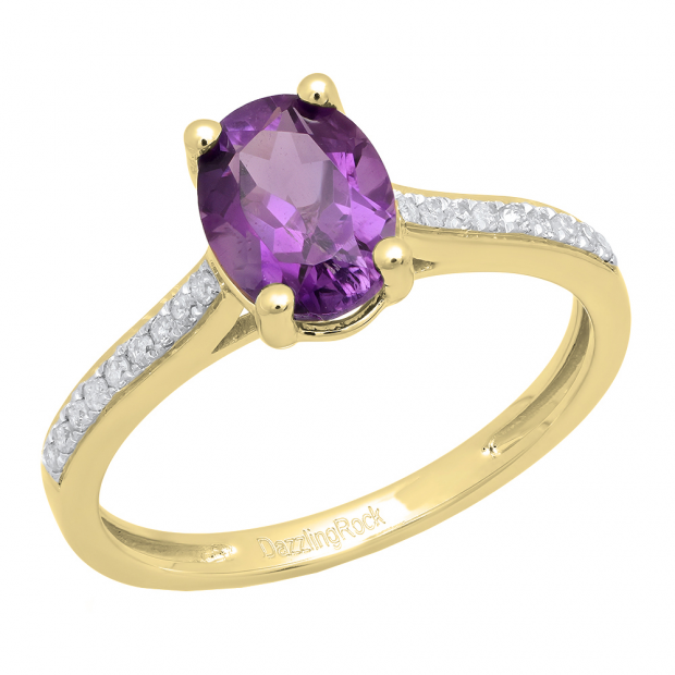 10K Yellow Gold 8X6 MM Oval Amethyst & Round White Diamond Ladies Bridal Halo Engagement Ring