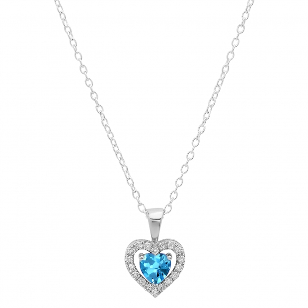 14K White Gold 5 MM Heart Blue Topaz & Round White Diamond Ladies Halo Heart Shape Pendant