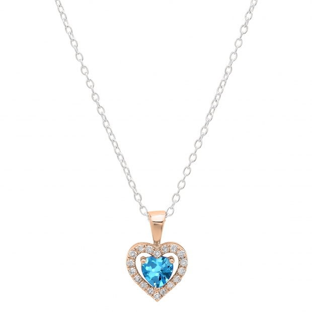 18K Rose Gold 5 MM Heart Blue Topaz & Round White Diamond Ladies Halo Heart Shape Pendant