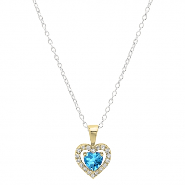 18K Yellow Gold 5 MM Heart Blue Topaz & Round White Diamond Ladies Halo Heart Shape Pendant