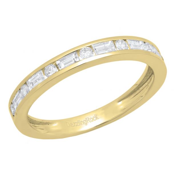 0.50 Carat (ctw) 14K Yellow Gold Round & Baguette White Diamond Ladies Wedding Stackable Band 1/2 CT