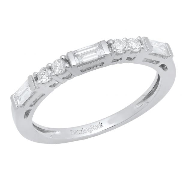 0.50 Carat (ctw) 10K White Gold Round & Baguette White Diamond Ladies Wedding Stackable Band 1/2 CT