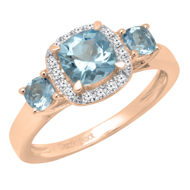18K Rose Gold Cushion Aquamarine & Round Diamond Bridal 3 Stone Engagement Ring