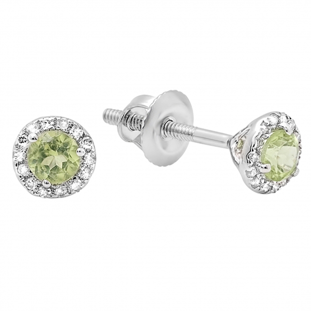 14K White Gold 3 MM Round Peridot & White Diamond Ladies Halo Stud Earrings
