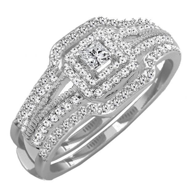 0.75 Carat (ctw) 14K White Gold Princess & Round Diamond Ladies Halo Engagement Ring Set 3/4 CT