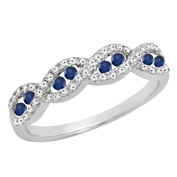 14K White Gold Round Blue Sapphire & Diamond Ladies Swirl Anniversary Wedding Band 1/3 CT