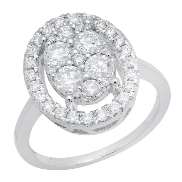 0.90 Carat (ctw) 10K White Gold Round White Diamond Ladies Cluster Engagement Ring