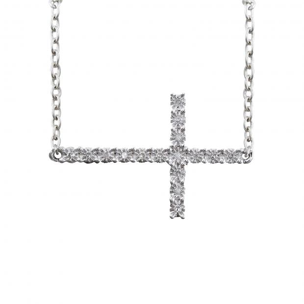 0.06 Carat (ctw) Sterling Silver Round Diamond Sideways Religious Cross Ladies Pendant