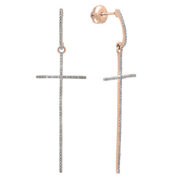 0.20 Carat (ctw) 10K Rose Gold Round Diamond Ladies Cross Shaped Dangling Drop Earrings 1/5 CT