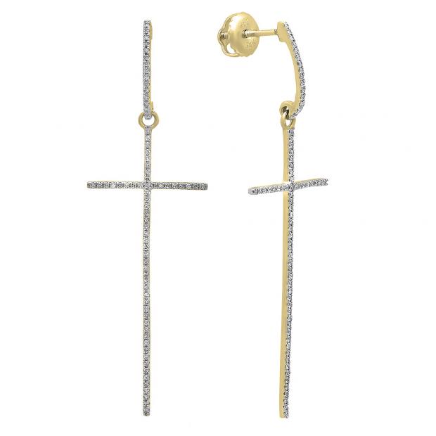 0.20 Carat (ctw) 10K Yellow Gold Round Diamond Ladies Cross Shaped Dangling Drop Earrings 1/5 CT